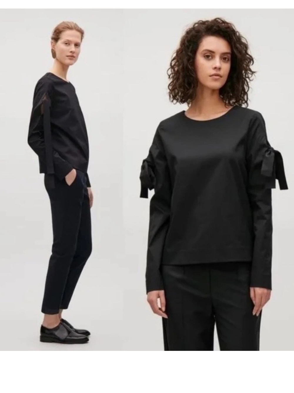 COS Women’s Black Tied Sleeves Blouse Top Cotton Chic Work Career Quiet Luxury M